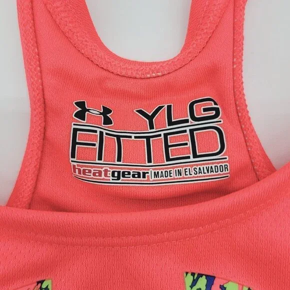 Under Armour Sports Bra Youth Girls Large Neon Coral Pink Black Athletic Workout - Picture 7 of 9